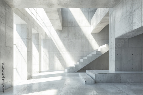 Abstract white and concrete interior multilevel public space with window. 