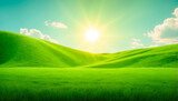 Beautiful panoramic natural landscape of a green field with grass against a blue sky with sun. Background of a summer landscape