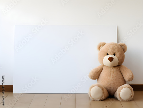 Fluffy brown teddy bear with  a blank sign with space for copy,Generative Ai