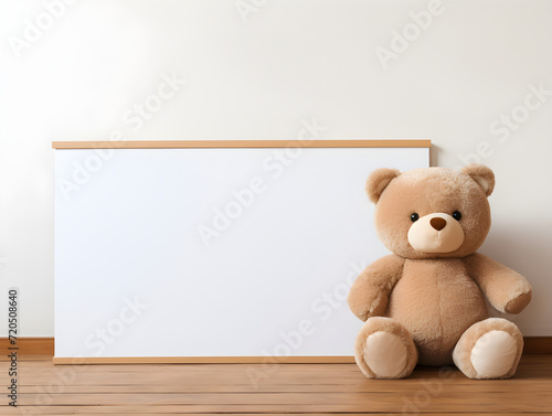 Fluffy brown teddy bear with  a blank sign with space for copy,Generative Ai