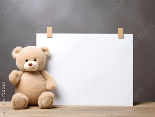 Fluffy brown teddy bear with  a blank sign with space for copy,Generative Ai