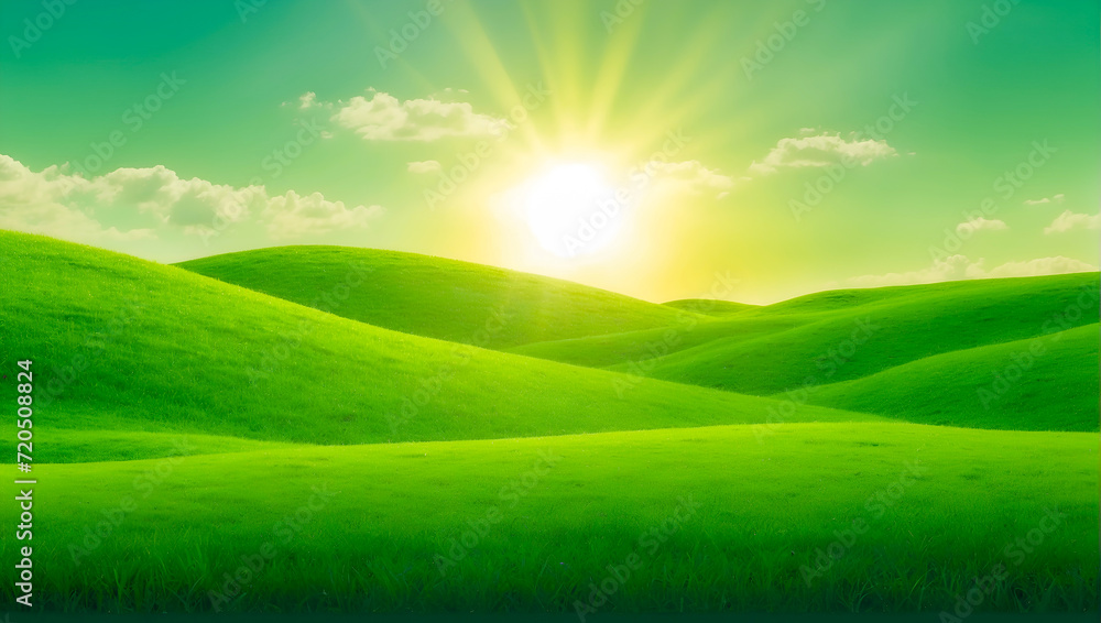 Background of a summer landscape with a green grass field and blue sky, Beautiful panoramic natural landscape of a green field with grass against a blue sky with sun