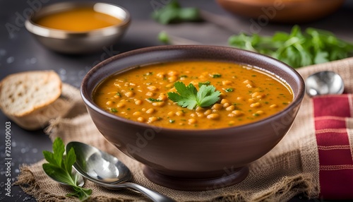 Indian soup of red lentil masoor dal. Vegetarian lentil soup.
