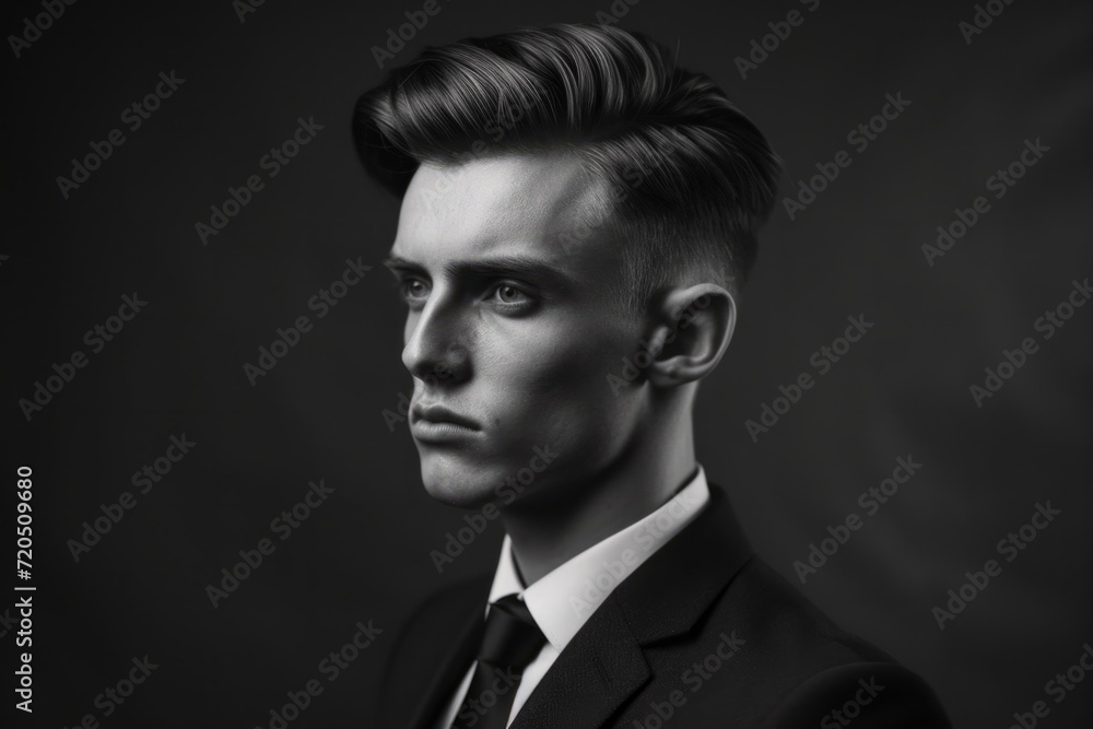 Black And White Portrait Features Man In Suit With Classic Haircut Black And White Portrait Features Man In Suit With Classic Haircut
