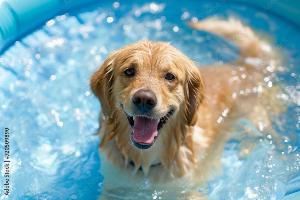 Joyous Canine Enjoys Refreshing Dip In Inflatable Pool. Сoncept Pet Summer Safety Tips, Homemade Frozen Treats For Pets, Outdoor Games For Dogs, Hiking With Your Canine Companion