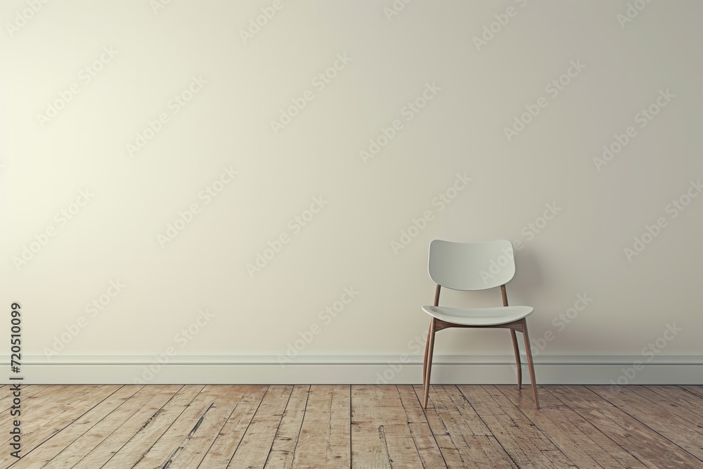 Plain Wall Hosts Minimalist Interior Featuring Single Chair. Сoncept Minimalist Interior, Single Chair, Plain Wall, Clean Design, Simplicity Plain Wall Hosts Minimalist Interior Featuring Single Chair. Сoncept Minimalist Interior, Single Chair, Plain Wall, Clean Design, Simplicity