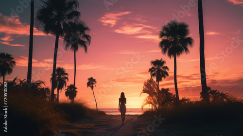 Silhouette of a beautiful woman walking in a dreamy seascape with palms at sunset, mental health, emotional balance, calm, relaxing, wallpaper, background 