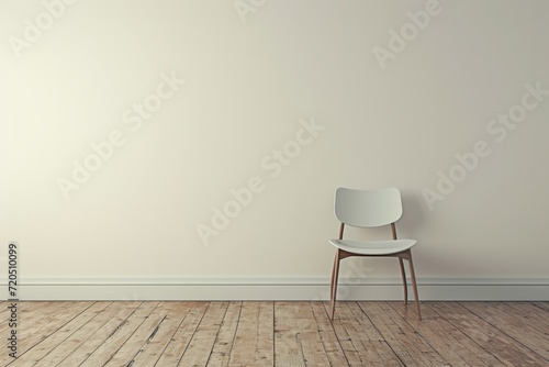 Plain Wall Hosts Minimalist Interior Featuring Single Chair. Сoncept Minimalist Interior, Single Chair, Plain Wall, Clean Design, Simplicity
