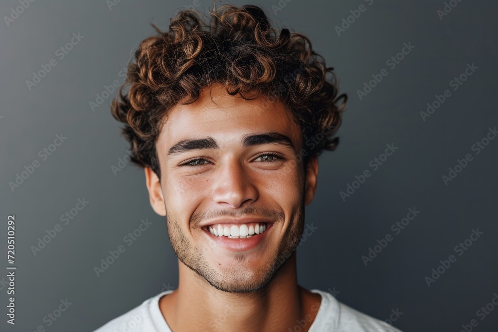 Smiling Young Man On Gray Background Showcases His Bright White Teeth Smiling Young Man On Gray Background Showcases His Bright White Teeth