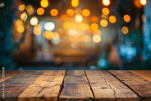 Rustic Wooden Table Set Against Beautifully Blurred Background Of Restaurant Lights