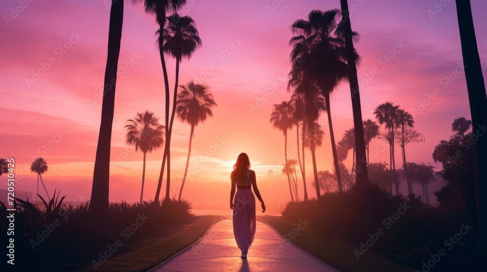 Silhouette of a beautiful woman walking in a dreamy seascape with palms at sunset, mental health, emotional balance, calm, relaxing, wallpaper, background
