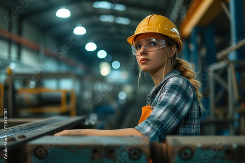 Woman Industrial Worker Operates Manufacturing Equipment In Factory