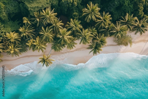 Aerial Shot Of Picturesque Beach With Palm Trees And Turquoise Waters © Anastasiia