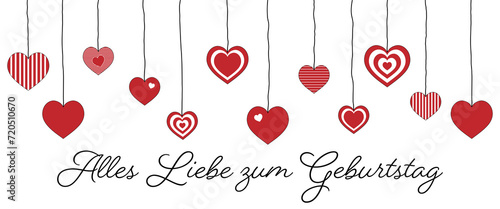 Alles Liebe zum Geburtstag - Schriftzug in deutscher Sprache. Grußkarte mit hängenden Herzen.