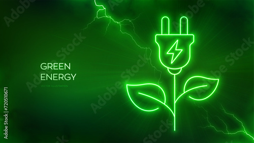 Green energy icon. Clean alternative energy power technology concept. Electric plug glow icon. Energy Efficiency. Alternative fuel. Lightning spark Electric discharge effects. Vector illustration.