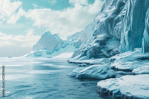 Artificial Intelligencegenerated Arctic Landscape Featuring Icebergs And Snowcovered Rocks By The Sea