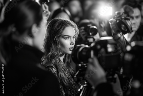 At Fashion Week Event, Supermodel Is Surrounded By Photographers. Сoncept Fashion Week Runway, Paparazzi Frenzy, Supermodel Style, Fashion Photography, Glamorous Red Carpet