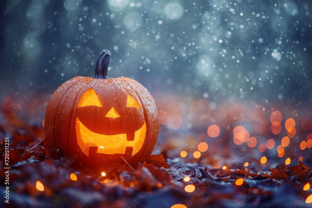 Fototapeta premium Enchanting Halloween Scene Pumpkin On Bokeh Backdrop Invites Celebration With Copy Space