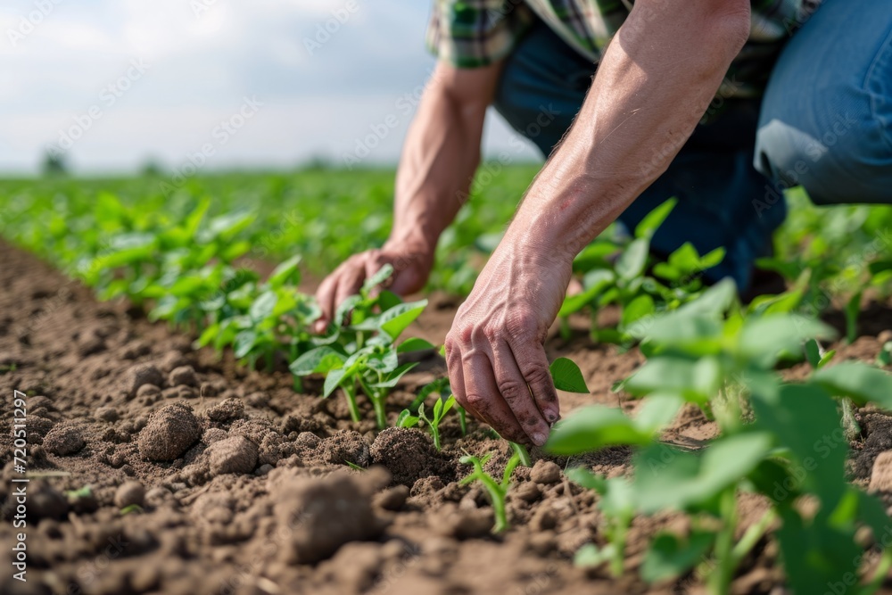 Farmer Inspecting Soybean Seedlings In The Field, Representing Agriculture And Growth Farmer Inspecting Soybean Seedlings In The Field, Representing Agriculture And Growth