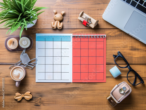 A top view of a well-organized desk featuring a 2color blank calendar, laptop, coffee cup, eyeglasses, and decorative elements on a wooden surface. photo