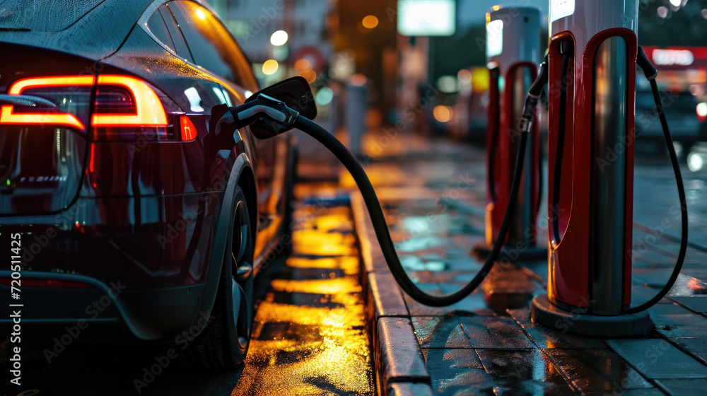 An electric vehicle being charged in an urban environment, highlighting sustainable transportation. An electric vehicle being charged in an urban environment, highlighting sustainable transportation.
