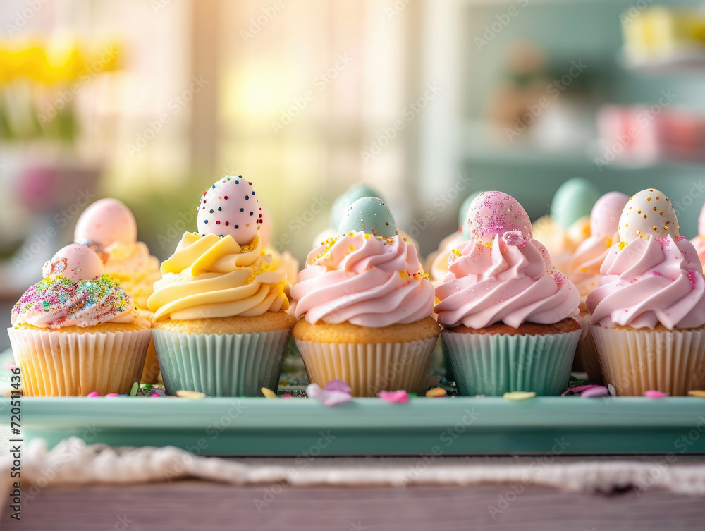 A tray of festive Easter cupcakes with pastel frosting and egg-shaped decorations on a kitchen counter, ready for a spring celebration.
A tray of festive Easter cupcakes with pastel frosting and egg-shaped decorations on a kitchen counter, ready for a spring celebration.