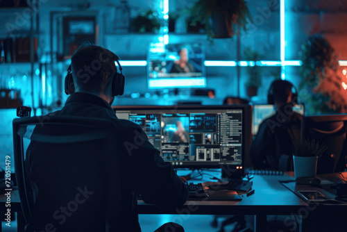 A dark, neon-lit room functioning as a scam call center hideout, with operators at computer stations.
 photo