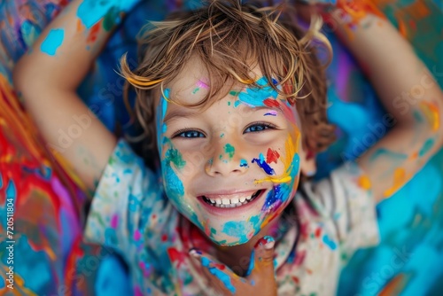 Joyful Child Covered In Colorful Paint  Radiating Pure Happiness And Creativity.   oncept Candid Moments  Natural Beauty  Adventure Awaits  Stunning Landscapes