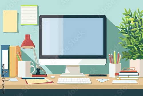 A neatly arranged home office setup with a modern computer, desk lamp, stationery, and a potted plant, providing a comfortable workspace environment. 