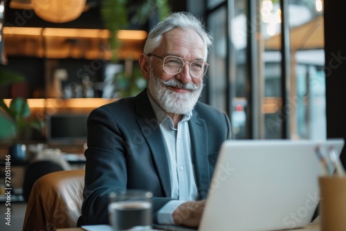 Joyful Senior Businessman Engrossed In Laptop Work, Exuding Confidence And Satisfaction. Сoncept Professional Networking Events, Effective Communication Skills, Career Advancement Strategies