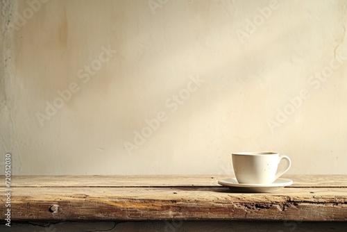 On Plain Wooden Table With Abundant Empty Space, White Coffee Cup Sits