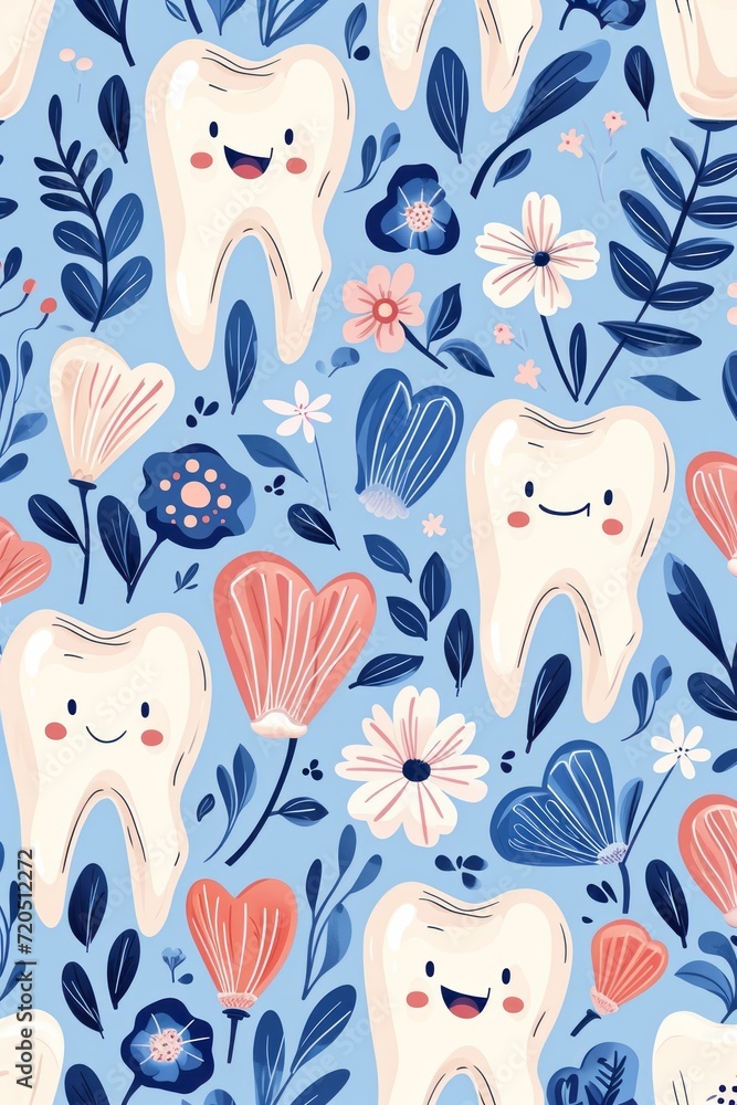 Funny seamless images of small and large teeth and everything related to dentistry, dental care concept and international dentist day celebration Funny seamless images of small and large teeth and everything related to dentistry, dental care concept and international dentist day celebration