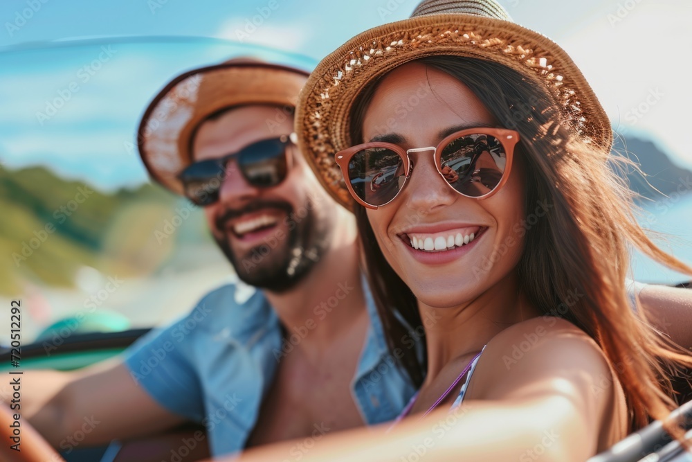 Smiling Couple Enjoys Summer Getaway, Cruising In Convertible Car. Сoncept Beach Picnic, Hiking Adventure, Sunset At The Lake, Urban Street Style, Nature's Beauty
