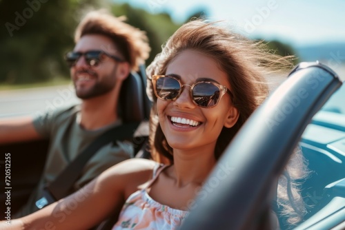 Smiling Couple Enjoys Summer Getaway, Cruising In Convertible Car © Anastasiia