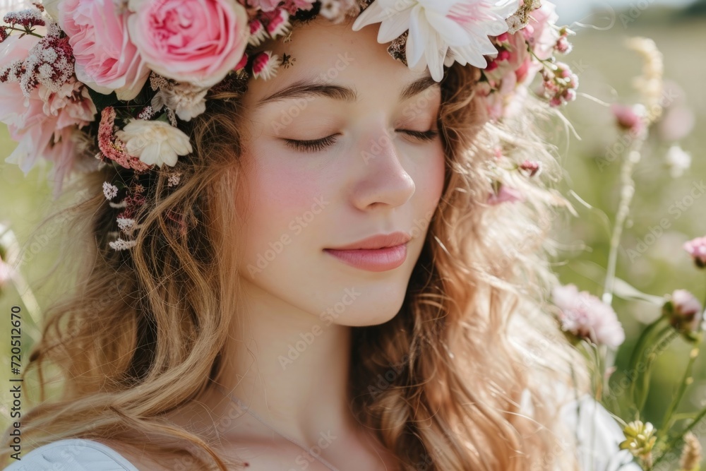 Woman Wearing Floral Crown, Embracing Natures Beauty With Grace Woman Wearing Floral Crown, Embracing Natures Beauty With Grace
