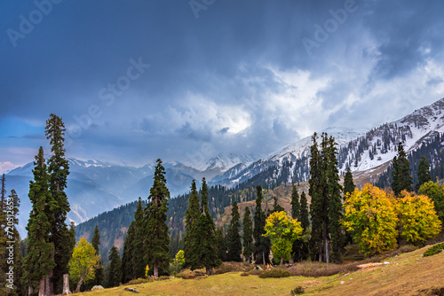 Serene Landscape of majestic Pir Panjal mountain range of Himalayas in kashmir valley from Koongdoori view point in Gulmarg hill station, Baramula, India.