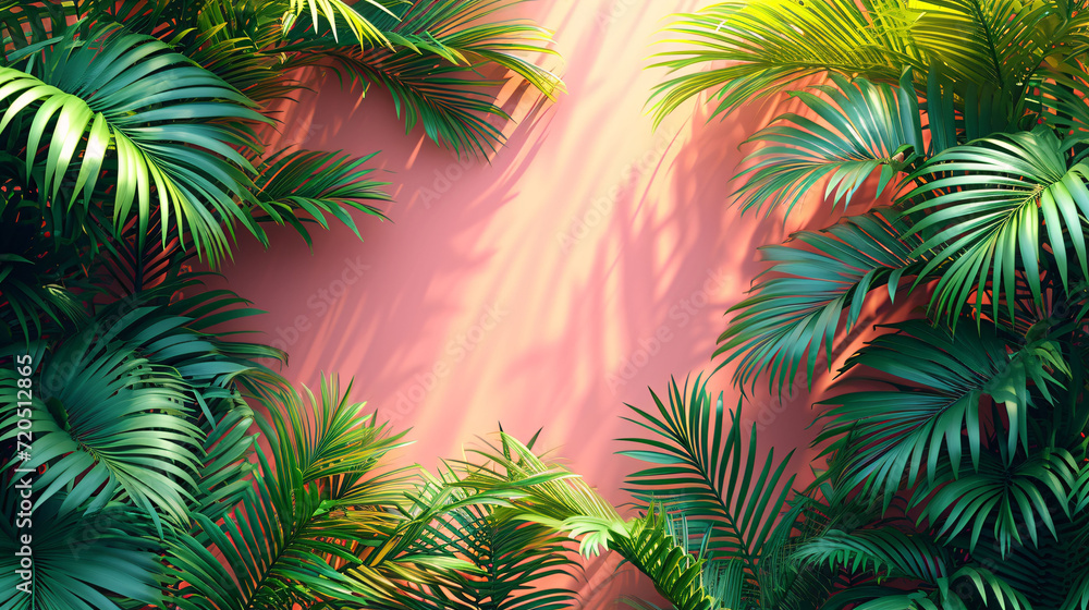 closeup nature view of green leaf and palms background. Flat lay, dark nature concept, tropical leaf