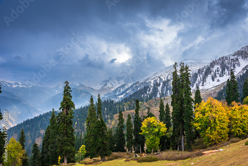 Serene Landscape of majestic Pir Panjal mountain range of Himalayas in kashmir valley from Koongdoori view point in Gulmarg hill station, Baramula, India. photo