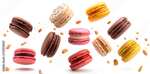 Colorful macaroons or french macarons levitating  on white background photo