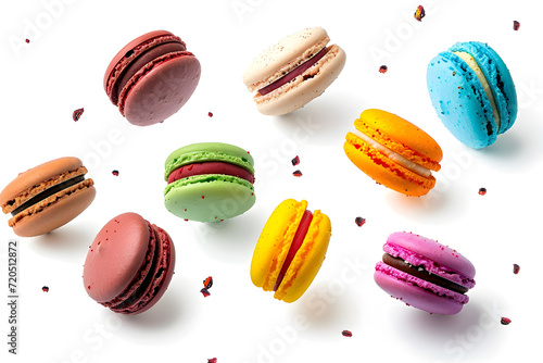 Colorful macaroons or french macarons levitating  on white background photo