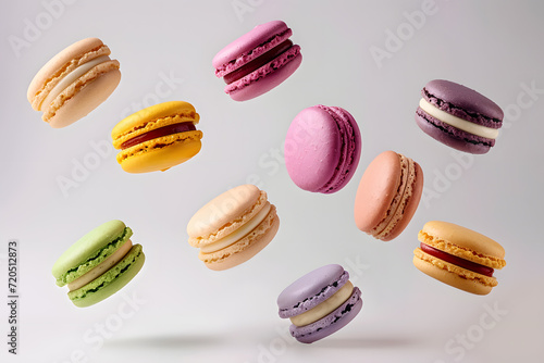 Colorful macaroons or french macarons levitating on white background