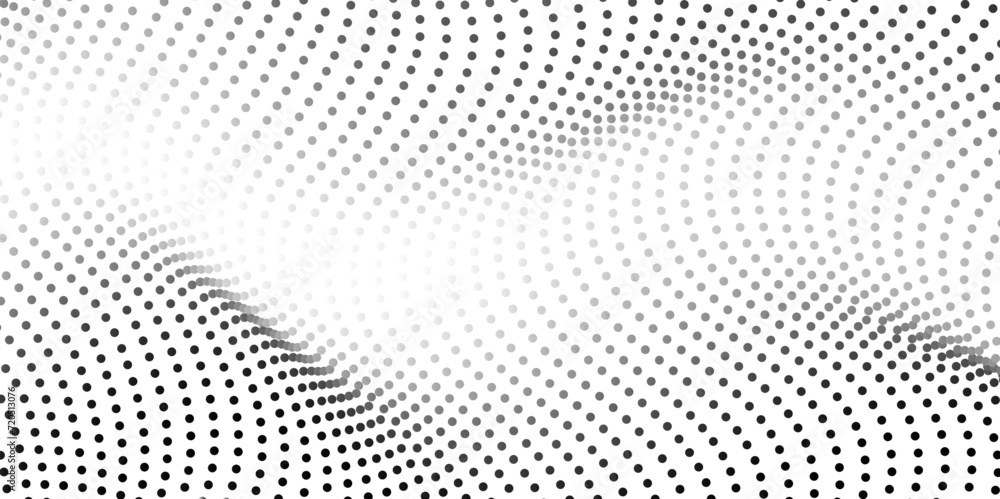 Flowing dots particles wave pattern 3D curve halftone black gradient curve shape isolated on white background. frequency sound wave, twisted curve lines with blend effect. Flowing dots particles wave pattern 3D curve halftone black gradient curve shape isolated on white background. frequency sound wave, twisted curve lines with blend effect.