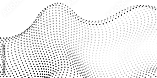 Flowing dots particles wave pattern 3D curve halftone black gradient curve shape isolated on white background. frequency sound wave, twisted curve lines with blend effect. 