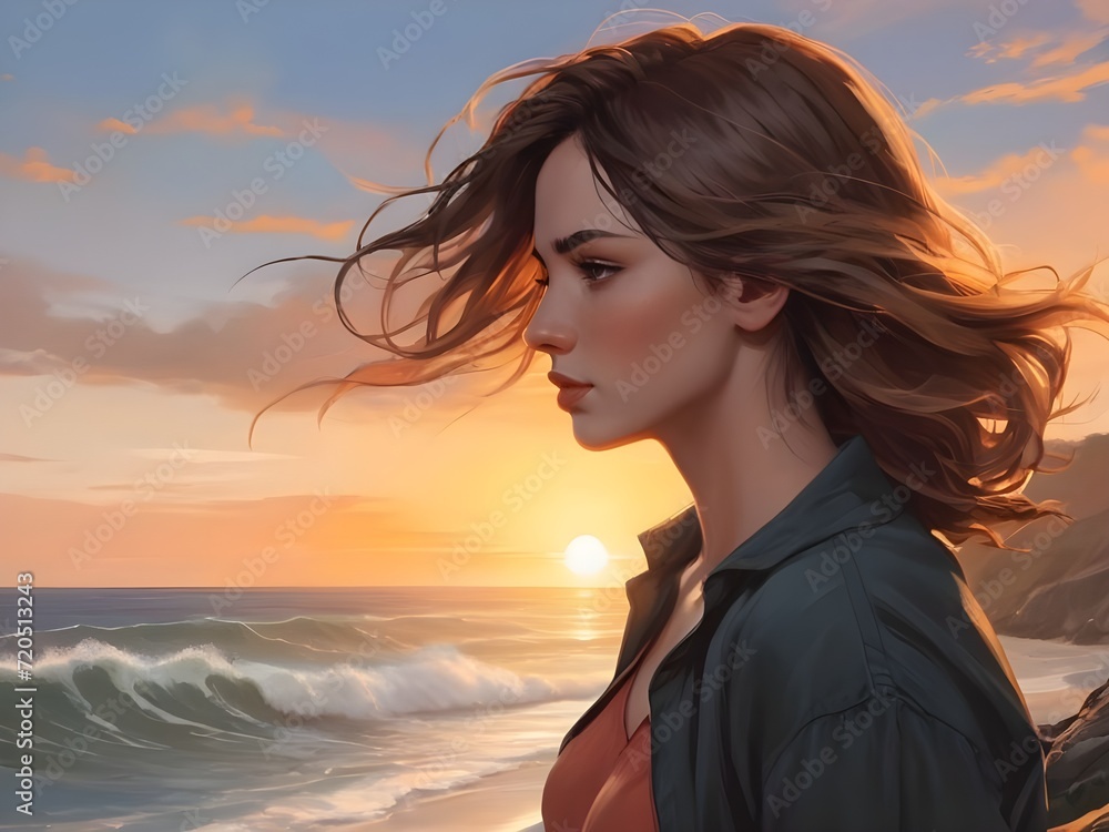 Painting woman standing on windy coast at sunset. Generative AI Painting woman standing on windy coast at sunset. Generative AI