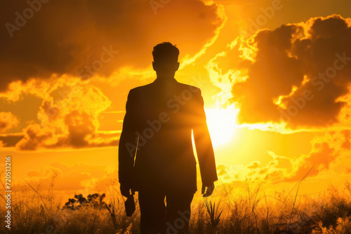 A business man in a suit walks across a field towards the sun at sunset.