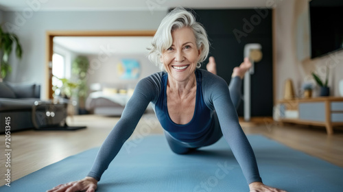 An elderly woman with gray hair stretches. I do yoga at home on a soft mat. Health, activity of older people.
