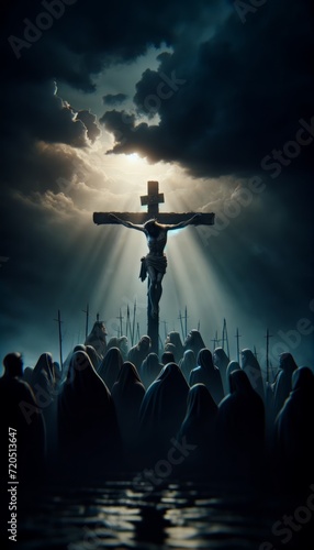 A solemn depiction of the crucifixion scene with Jesus on the cross, set against a darkening sky, conveying a sense of sacrifice and redemption.