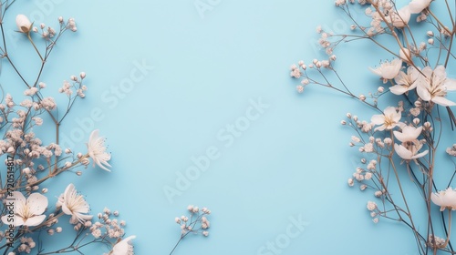 White flower blossoms on sky blue background, copy space for text, card or invitation mockup 