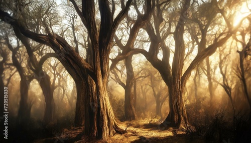 Background with dry bare trees in winter forest. Golden sunset light.  photo