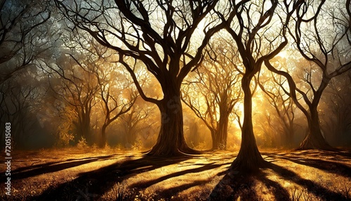Background with dry bare trees in winter forest. Golden sunset light.  photo